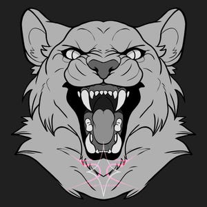 May include: A black and white line drawing of a snarling cat's head with its mouth open and teeth showing. The cat has a fierce expression.