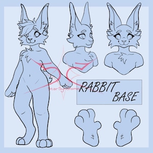 Op de afbeelding: Een lijntekening van een konijnenbasis voor digitale kunst. De afbeelding toont een volledig lichaam, een hoofd en poten. De basis is lichtblauw.