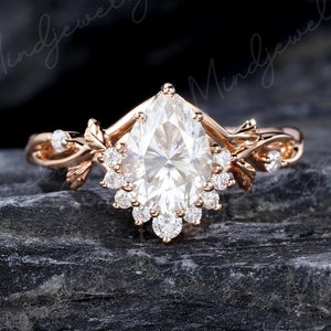 Pear shape moissanite engagement ring Unique art deco 10k/14k rose gold half eternity ring Vintage twig bridal promise ring Anniversary gift