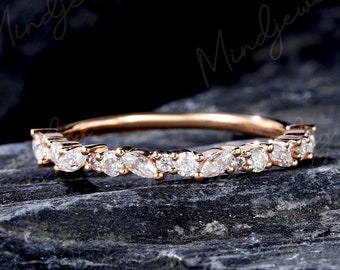 Marquise cut moissanite wedding band Unique 14k rose gold half eternity straight ring Vintage diamond stacking matching bridal promise ring
