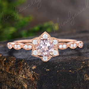 Round morganite engagement ring Unique solid 14k rose gold cluster moissanite flower half eternity ring Wedding bridal ring Anniversary gift