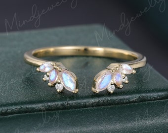Open ring vintage Unique Marquise cut Moonstone wedding band  Yellow gold diamond Curved wedding band women Matching Bridal promise gift