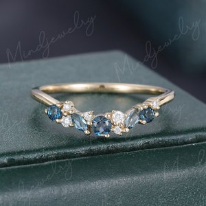 Round Diamond wedding band women Marquise cut yellow gold blue Topaz curved wedding band vintage stacking matching half eternity ring gift