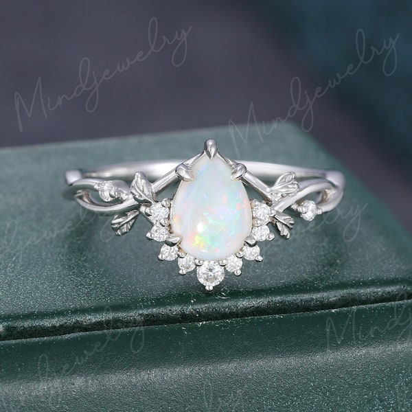 Pear shaped Opal engagement ring Unique art deco moissanite engagement ring vintage women white gold Twig Bridal Promise Anniversary gift