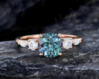 Alexandrite engagement ring Rose gold Unique engagement ring vintage Marquise cut diamond wedding Bridal Anniversary gift for women
