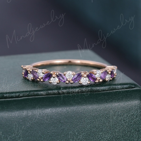 Rose gold wedding band women Half eternity Marquise cut alexandrite wedding band women vintage Matching Unique Bridal Stacking Promise gift