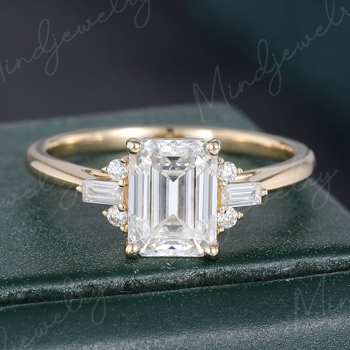 Emerald Cut Moissanite Engagement Ring Yellow Gold Unique - Etsy