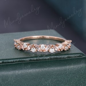 Rose gold Moissanite wedding band vintage Marquise morganite wedding band women Half eternity Matching Unique Bridal Stacking Promise gift