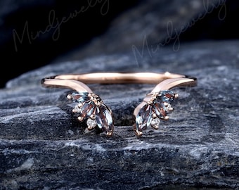 Open ring vintage Unique Marquise cut Alexandrite wedding band Rose gold diamond Curved wedding band women Matching Bridal promise gift