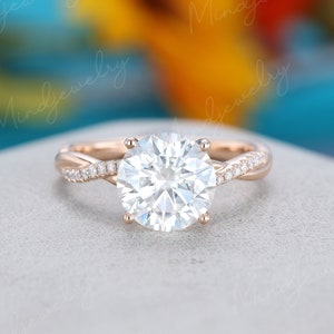 Round cut Moissanite engagement ring Rose gold engagement ring Twisted Ring with Pave Diamonds Unique Cluster wedding Bridal gift for women