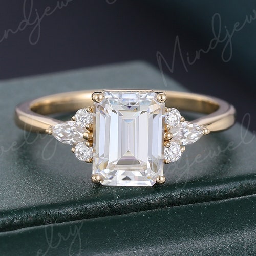 Emerald Cut Moissanite Engagement Ring Yellow Gold Unique - Etsy