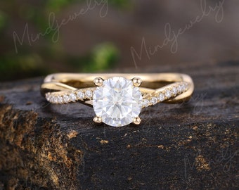 Moissanite engagement ring yellow gold engagement ring Vine Twisted Pave Ring with Pave Diamonds Unique Cluster wedding Bridal gift for her