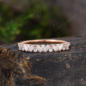 Unique Half Eternity Baguette cut Moissanite wedding band vintage Rose gold wedding band women Matching band Bridal Promise gift for her image 1