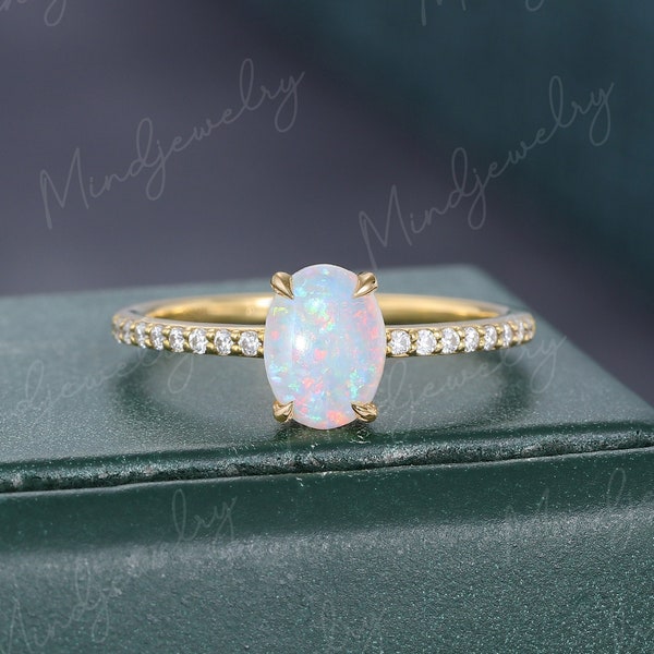 Oval cut Opal engagement ring yellow gold Unique half eternity engagement ring women vintage round diamond wedding Bridal Anniversary gift