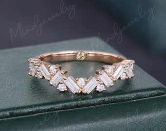 Baguette cut Moissanite wedding band vintage Rose gold stacking wedding band women Unique curved peridot Matching band Bridal Promise gift