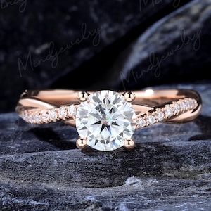 Rund moissanitförlovningsring 10K/14K roséguld med vinranka och twisted pave diamanter Unik rak bröllopsring med löfte om gåva till kvinnor