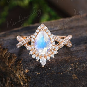 Pear shaped Moonstone engagement ring for women Rose gold engagement ring vintage Unique Art deco moissanite wedding Bridal Anniversary gift