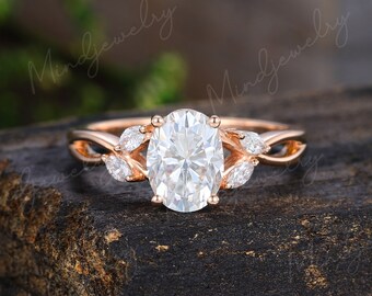 Oval cut Moissanite engagement ring yellow gold Unique Cluster engagement ring vintage Marquise cut diamond wedding Bridal gift for women