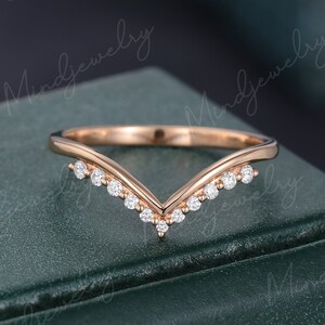 Curved wedding band rose gold Unique Diamond Chevron wedding band vintage Matching Solid 14K Bridal Stacking Moissanite Promise gift for her