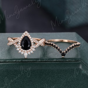 Pear shaped Black onyx engagement ring set Unique Art deco Rose gold engagement ring vintage Curved black diamond wedding Anniversary gift