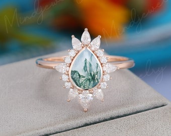 Pear shaped Moss Agate engagement ring Unique moissanite Halo engagement ring vintage Rose gold  Bridal Promise Anniversary gift for women
