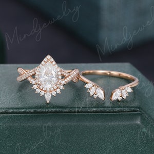 Rose gold engagement ring set Pear shaped Moissanite engagement ring vintage Unique marquise open diamond wedding Bridal Anniversary gift