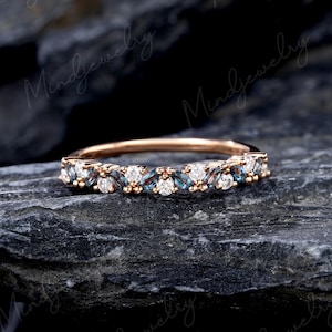 London blue topaz wedding band women Half eternity Marquise cut rose gold wedding band vintage Matching Unique Bridal Stacking Promise gift