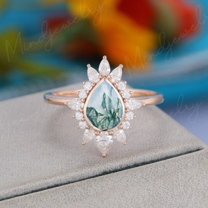 Pear shaped Moss Agate engagement ring Unique moissanite Halo engagement ring vintage Rose gold  Bridal Promise Anniversary gift for women