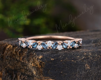 London blue topaz wedding band women Half eternity Marquise cut rose gold wedding band vintage Matching Unique Bridal Stacking Promise gift