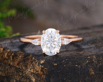 Oval cut Moissanite engagement ring Rose gold Unique Three stone engagement ring vintage wedding Bridal Promise Anniversary gift for women