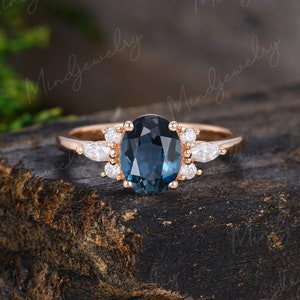 Oval London blue topaz engagement ring Rose gold Unique Cluster engagement ring for women Marquise diamond wedding Bridal Anniversary gift