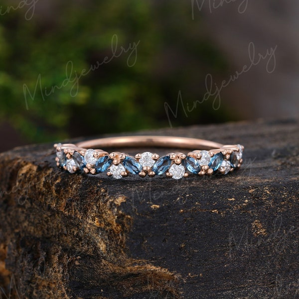 London blue topaz wedding band women Half eternity Marquise cut rose gold wedding band vintage Matching Unique Bridal Stacking Promise gift