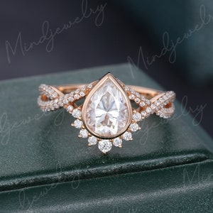 Unique Pear shaped Moissanite engagement ring Rose gold Halo Vintage moissanite ring for women Twisted diamond wedding Bridal Promise gift