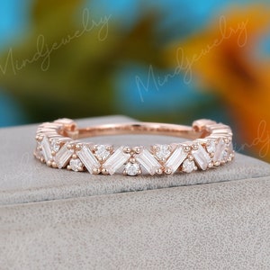 Unique 3/4 Eternity Baguette cut Moissanite wedding band vintage Rose gold wedding band women Matching band Bridal Promise gift for her