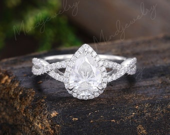 Unique Moissanite engagement ring White gold Pear shape Moissanite ring Halo Vintage ring Twiste diamond wedding Bridal Promise gift for her