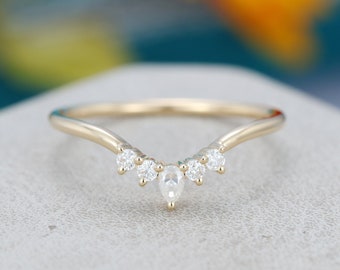 Curved wedding band women Pear Shaped cut Moissanite wedding band yellow gold Unique Bridal Stacking ring Matching band Promise gift