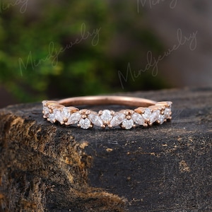 Rose gold wedding band women Half eternity Marquise cut Moissanite wedding band vintage Matching Unique Bridal Stacking Promise gift for her