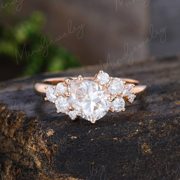 Pear shaped Moissanite engagement ring Unique Cluster engagement ring vintage Rose gold Bridal antique Promise Anniversary gift for women