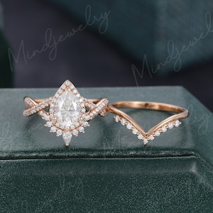 Pear shaped Moissanite engagement ring set Art deco Rose gold engagement ring vintage Unique Halo diamond Bridal Anniversary gift for women