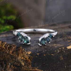 White gold Open ring vintage Unique Marquise cut Blue green sapphire Curved wedding band women Solid Gold Matching Bridal promise gift