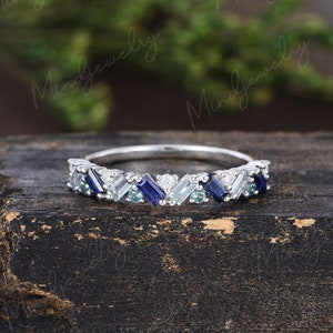 Baguette cut Sapphire Aquamarine wedding band vintage white gold wedding band women Unique Half Eternity Moissanite ring Bridal Promise