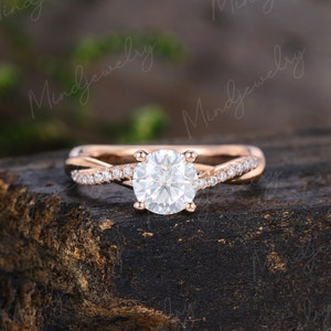 Moissanite engagement ring Rose gold engagement ring Vine Twisted Pave Ring with Pave Diamonds Unique Cluster wedding Bridal gift for women