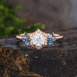 Moissanite engagement ring Rose gold Unique Cluster Marquise London blue topaz engagement ring diamond vintage wedding Bridal Anniversary