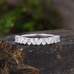 Unique Half Eternity Baguette cut Moissanite wedding band vintage White gold wedding band women Matching band Bridal Promise gift for her