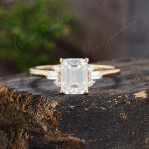 Emerald cut moissanite engagement ring Yellow gold Unique Cluster engagement ring for women vintage Baguette diamond Bridal Anniversary gift