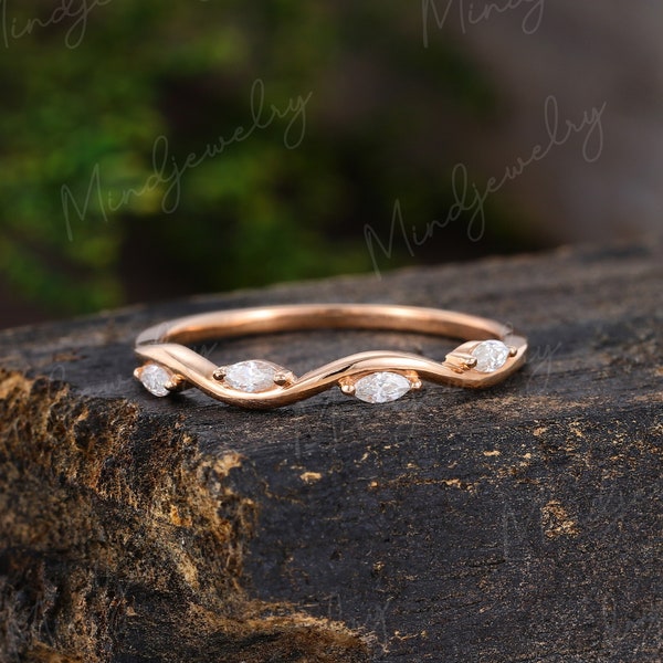 Solid 14K Rose gold wedding band women Unique Marquise cut diamond wedding band vintage moissanite Bridal Matching Stacking Promise gift