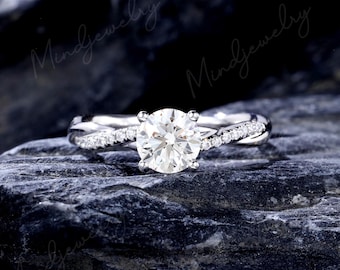 6mm Round cut Lab Diamond engagement ring White gold Moissanite engagement ring Twist Pave Unique wedding Bridal gift 0.8CT IGI Lab diamond