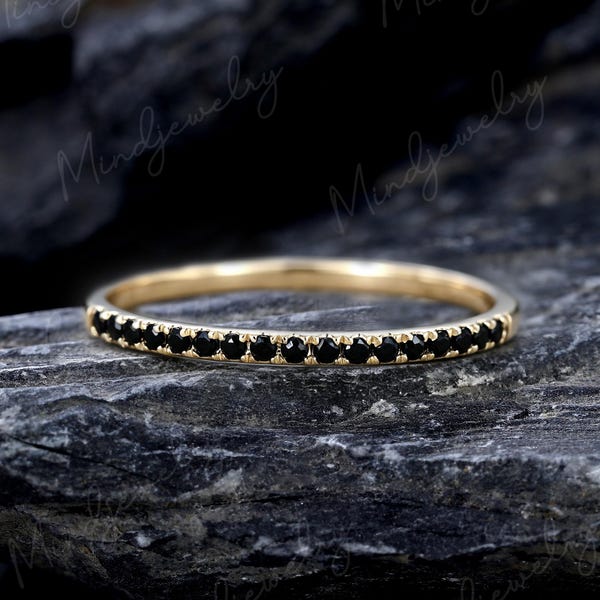 Pave black diamond straight wedding band women 10K/14K yellow gold vintage simple half eternity stacking bridal ring Promise gifts for women