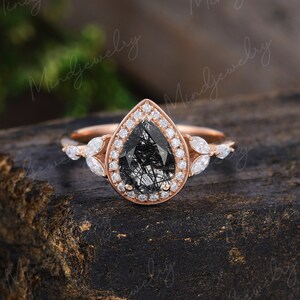 Pear shaped Black quartz engagement ring rose gold vintage Unique marquise diamond Cluster engagement ring for women Bridal Anniversary gift