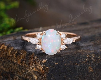 Oval Opal engagement ring Rose gold Unique Cluster engagement ring vintage Marquise diamond wedding Bridal Anniversary gift for women